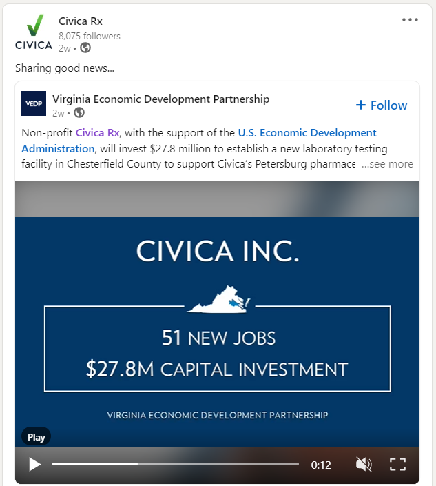 Civica with the support of the US Economic Development Administration twitter post